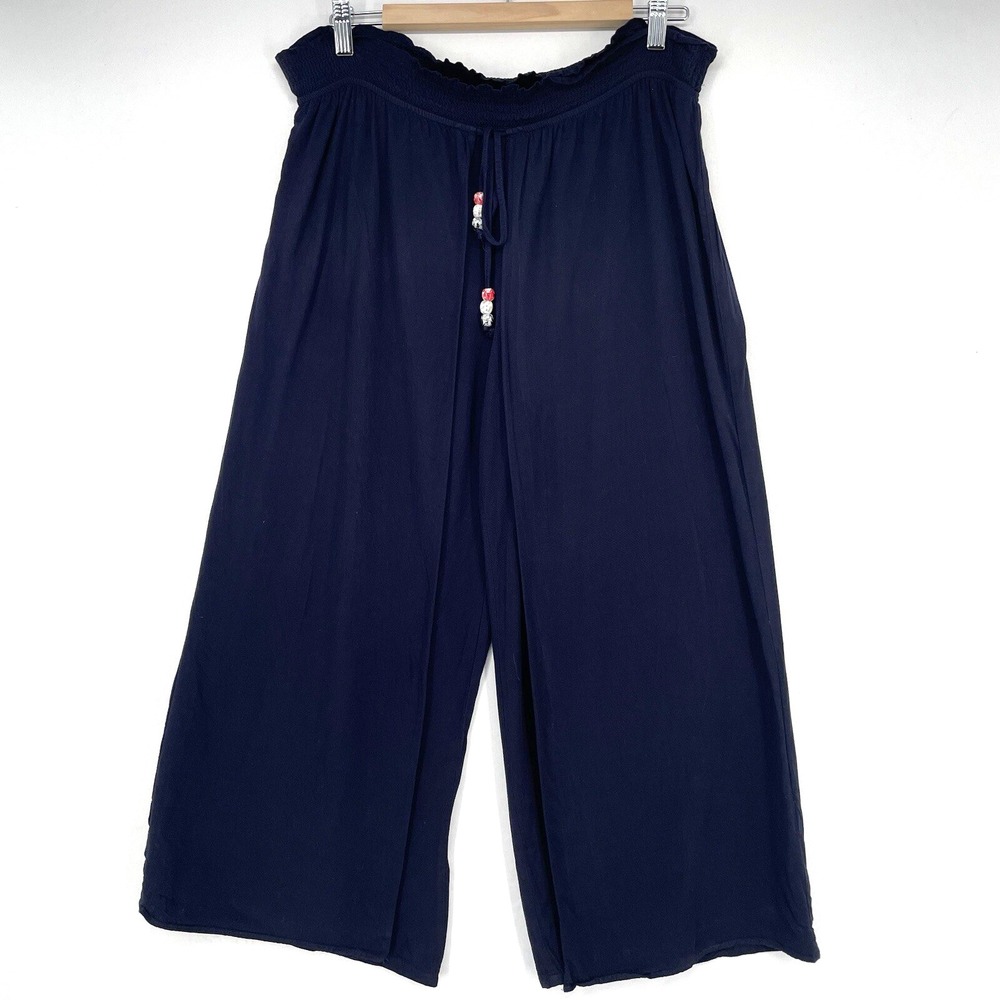 Cristina V Smocked Harem Wide Leg Pants Culotte Cropped Loose Blue Size Medium